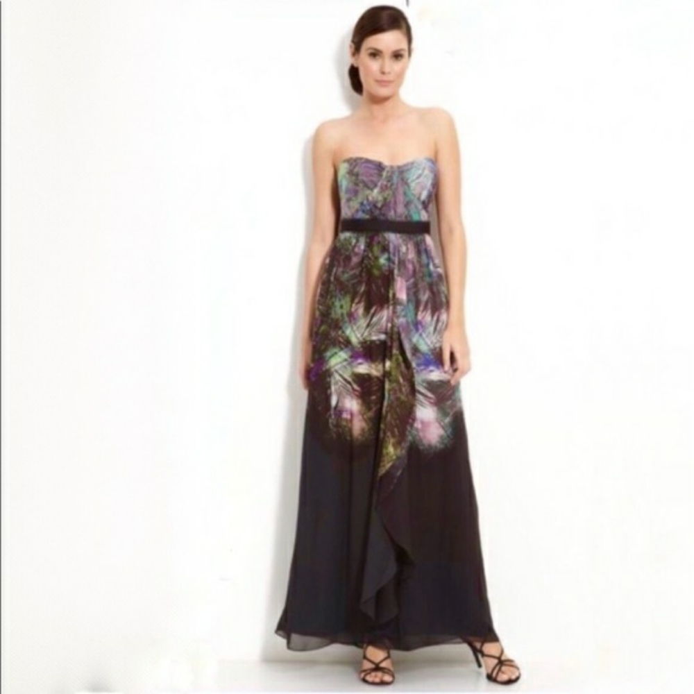 BCBGMaxAzria Strapless Watercolor Maxi Dress